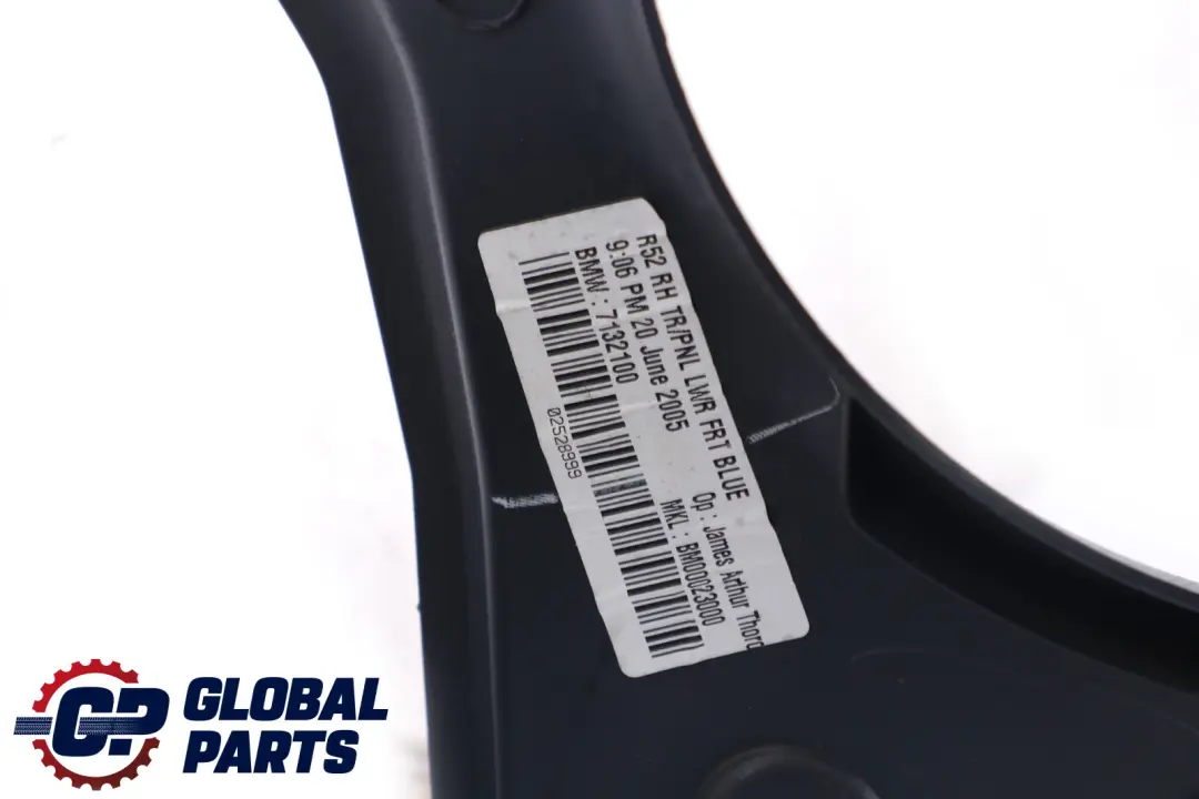 Front Right O/S Lateral Trim Panel Cover Bottom Dark Blue to BMW Mini R52 Cabrio with Part number 7132100 BMW Mini R52 Cabrio Front Right O/S Lateral Trim Panel Cover Bottom Dark Blue - SKU 7132100 - Part number 7132100