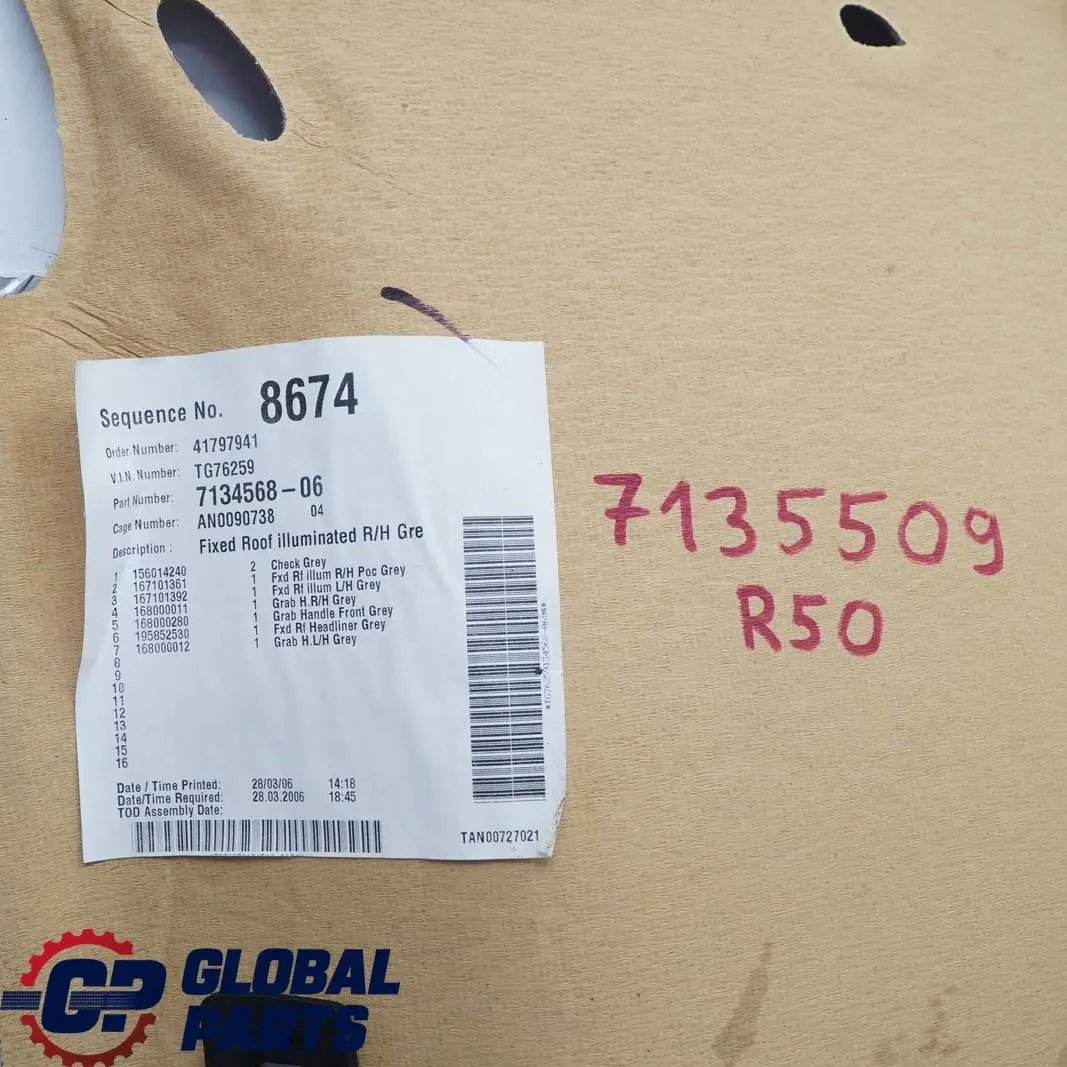  Genuine BMW Mini Cooper One R50 R53 Headlining Moulded Roof Lining Horizon Grey - SKU 7135509 - Part number 7135509