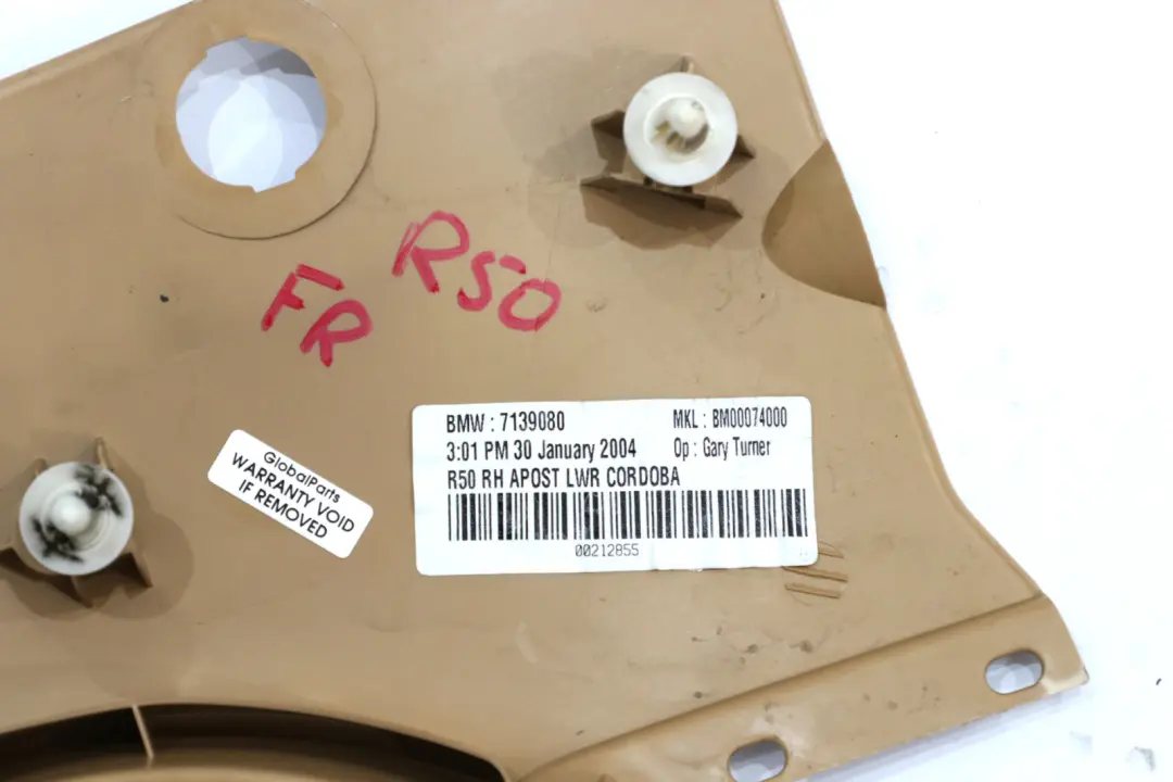 Seitenverkleidung Unten Vorne Rechts Cordoba Beige für BMW Mini Cooper R50 R53 mit Teilenummer 7139080 BMW Mini Cooper R50 R53 Seitenverkleidung Unten Vorne Rechts Cordoba Beige - SKU 7139080 - Teilenummer 7139080