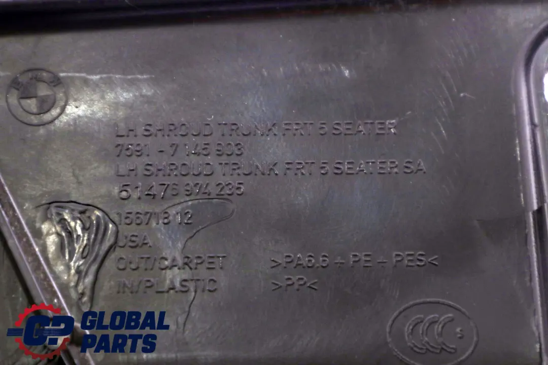 Boot Trunk Trim Side Panel Left N/S Luggage Black to BMW X5 Series E70 with Part number 7145905 BMW X5 Series E70 Boot Trunk Trim Side Panel Left N/S Luggage Black - SKU 7145905 - Part number 7145905