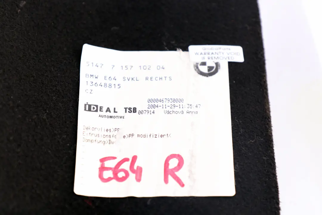 E64N LCI Wykładzina Bagażnika Prawy do BMW E64 o numerze 7157102 BMW E64 E64N LCI Wykładzina Bagażnika Prawy - SKU 7157102 - Numer Części 7157102