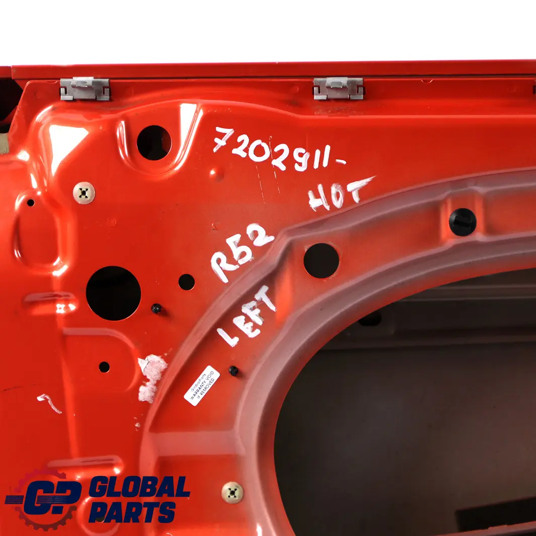 Front Left Door N/S Hot Orange Metallic - A26 to Mini Cooper One R50 R52 R53 with Part number 7202911 Mini Cooper One R50 R52 R53 Front Left Door N/S Hot Orange Metallic - A26 - SKU 7202911-HOT - Part number 7202911