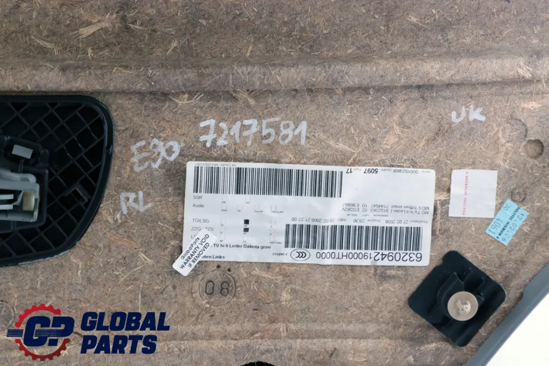 Left N/S Door Card Lining Grey Leather Trim Panel to BMW 3 Series E90 Rear with Part number 7217581 BMW 3 Series E90 Rear Left N/S Door Card Lining Grey Leather Trim Panel - SKU 7217581 - Part number 7217581