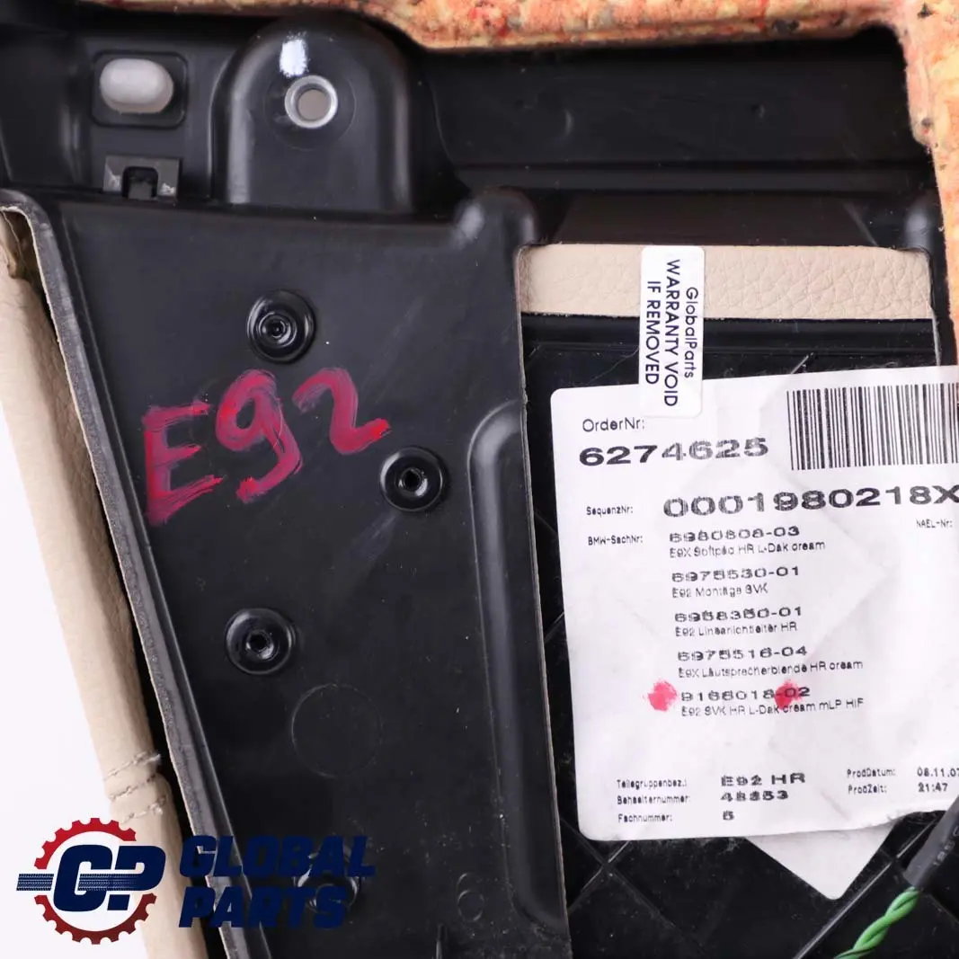 Reihe E92 Coupe Seitenverkleidung Hinten Rechts Leder Cream Beige für BMW 3 mit Teilenummer 7218824 BMW 3 Reihe E92 Coupe Seitenverkleidung Hinten Rechts Leder Cream Beige - SKU 7218824 - Teilenummer 7218824