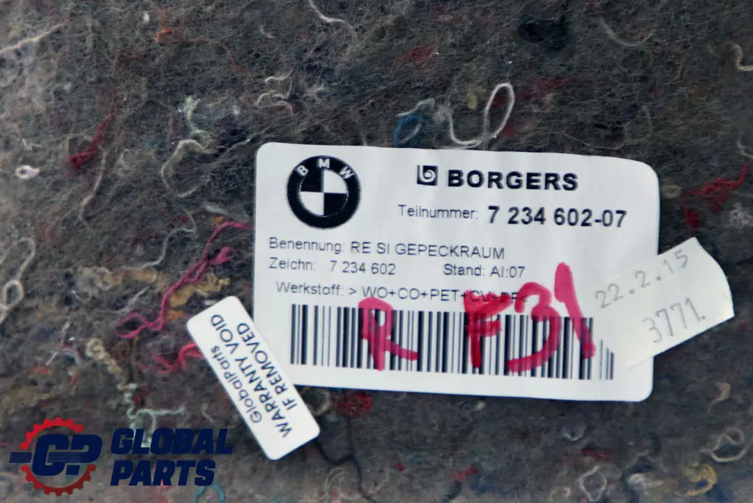 F31N LCI Aislamiento Acústico Maletero Trasero Derecho para BMW F31 con número de pieza 7234602 BMW F31 F31N LCI Aislamiento Acústico Maletero Trasero Derecho - SKU 7234602 - Número de pieza 7234602