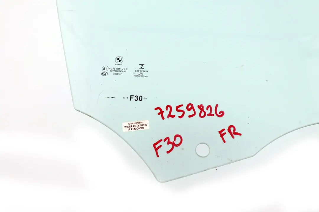 BMW 3 Series F30 F31 Front Right O/S Door Side Green Window Glass AS2 - SKU 7259826 - Part number 7259826