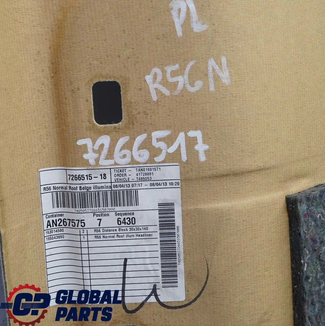 Mini Cooper One R56 LCI R56N Headlining Headliner Roof Lining Light Beige - SKU 7266517 - Part number 7266517