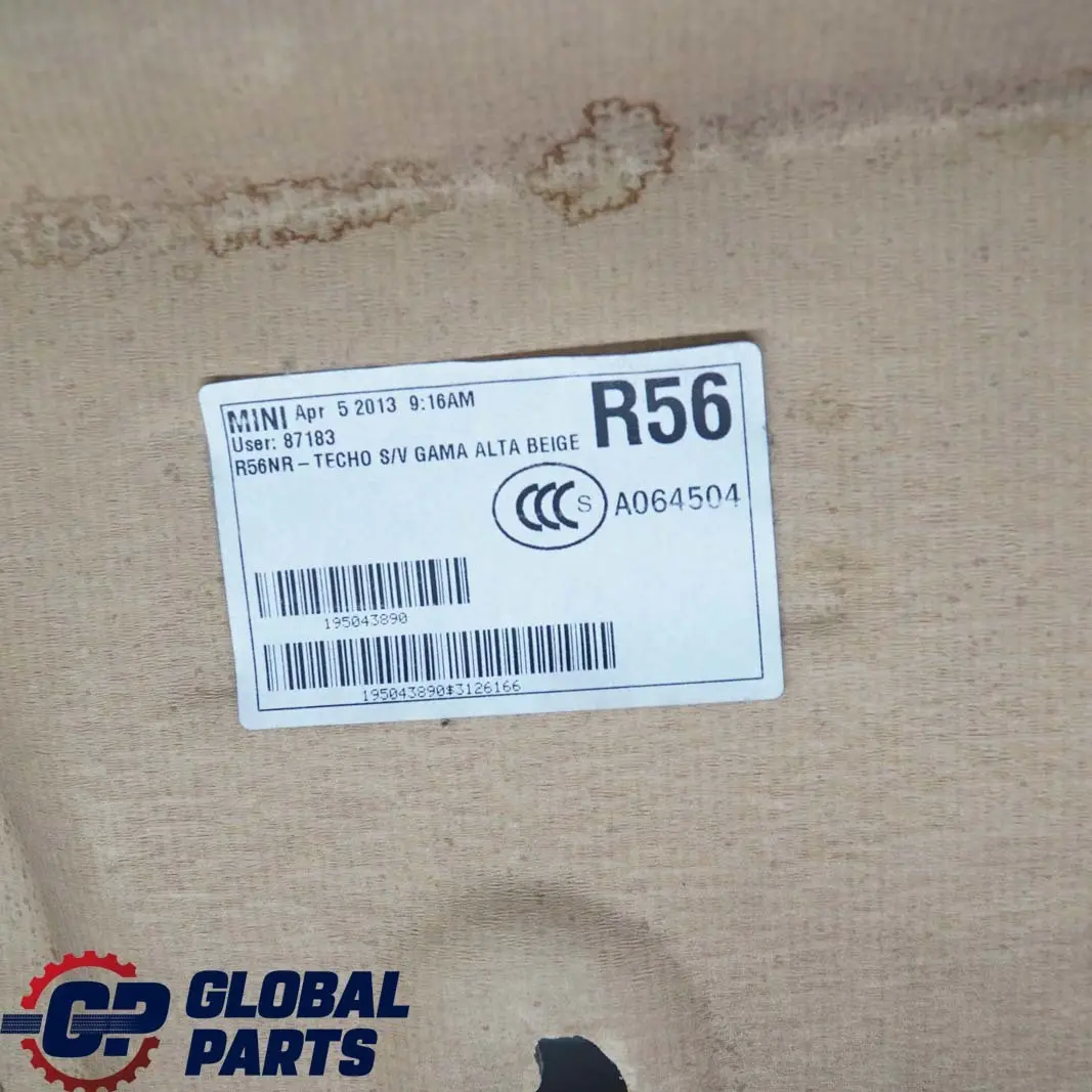 Mini Cooper One R56 LCI R56N Headlining Headliner Roof Lining Light Beige - SKU 7266517 - Part number 7266517