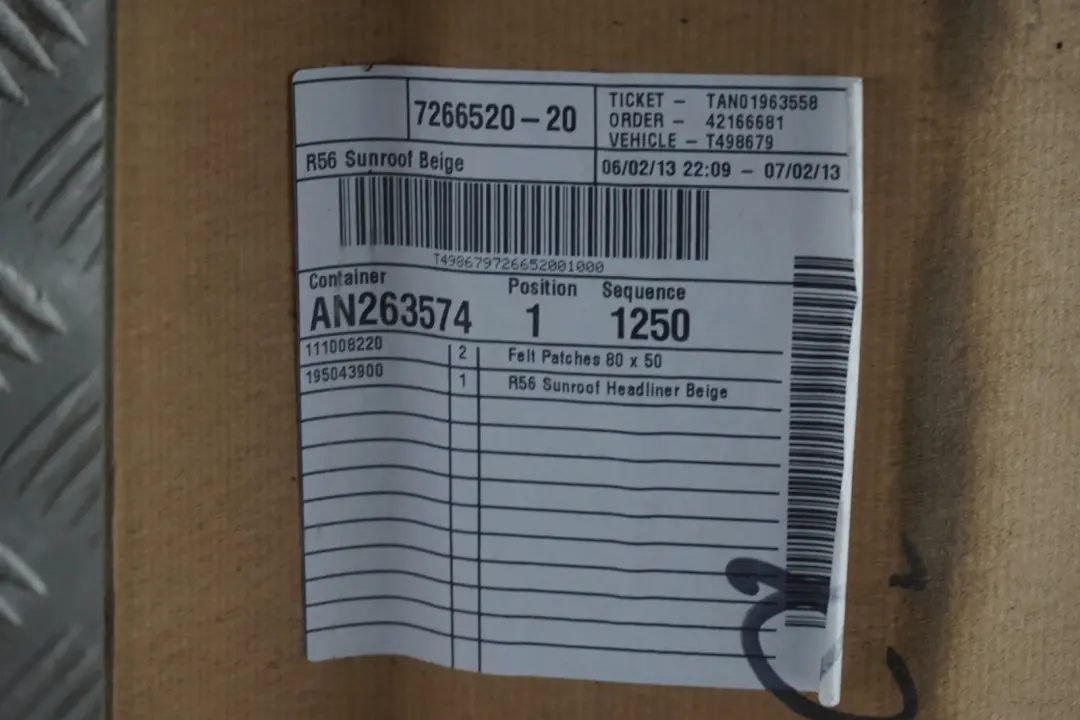 R56N Headlining Lift-Up Slide-Back Sunroof Light Beige to BMW MINI Cooper One R56 with Part number 7266522 BMW MINI Cooper One R56 R56N Headlining Lift-Up Slide-Back Sunroof Light Beige - SKU 7266522 - Part number 7266522