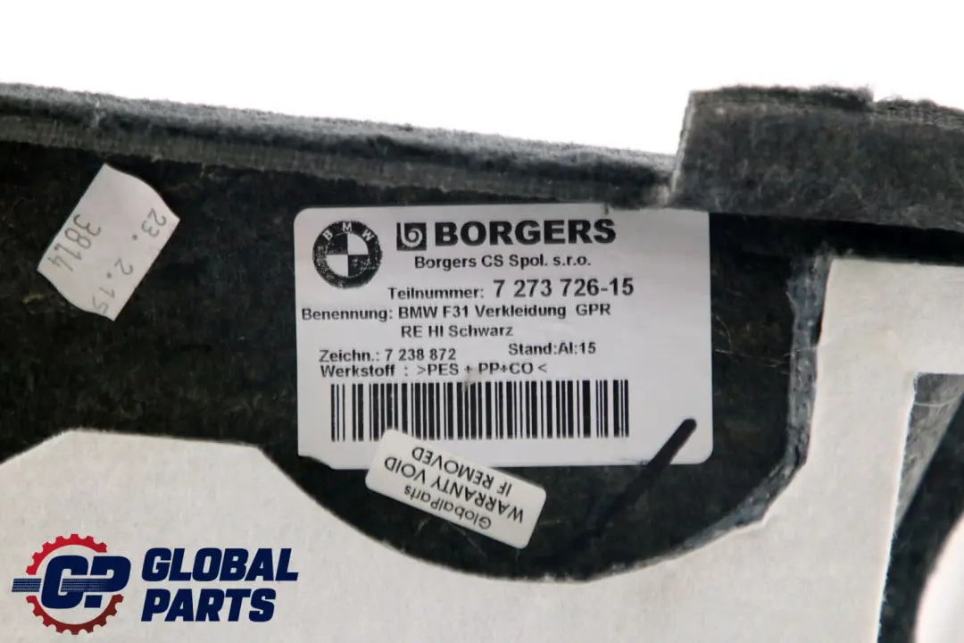 BMW 3 Series F31 Trunk Trim Panel Cover Right O/S Luggage Anthracite - SKU 7273726 - Part number 7273726