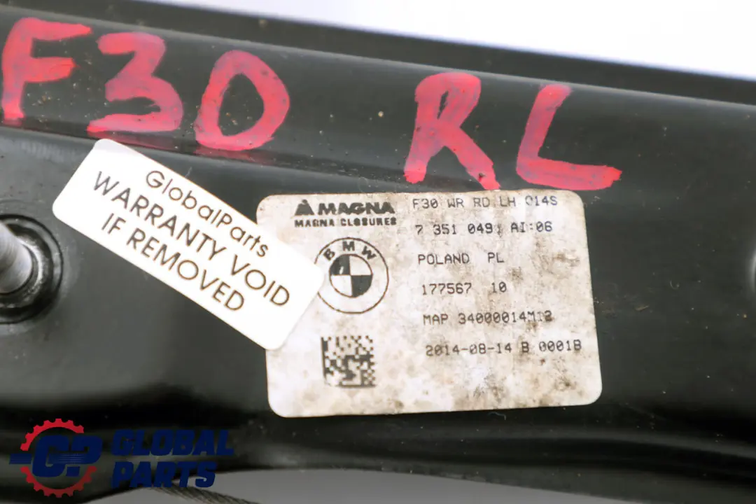BMW F30 F31 F80 M3 Elevalunas Regulador Trasero Izquierdo 7351049 - SKU 7281887 - Número de pieza 7281887