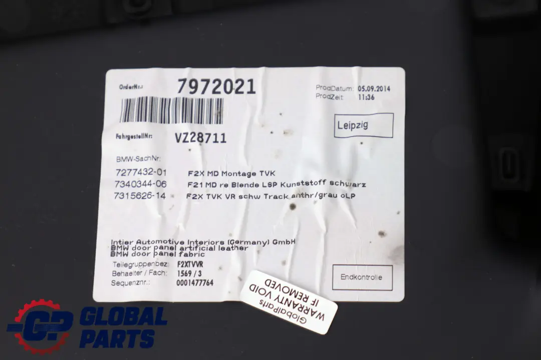 BMW F21 F22 Front Right O/S Door Lining Card Cloth Anthracite Grau - SKU 7285354 - Part number 7285354