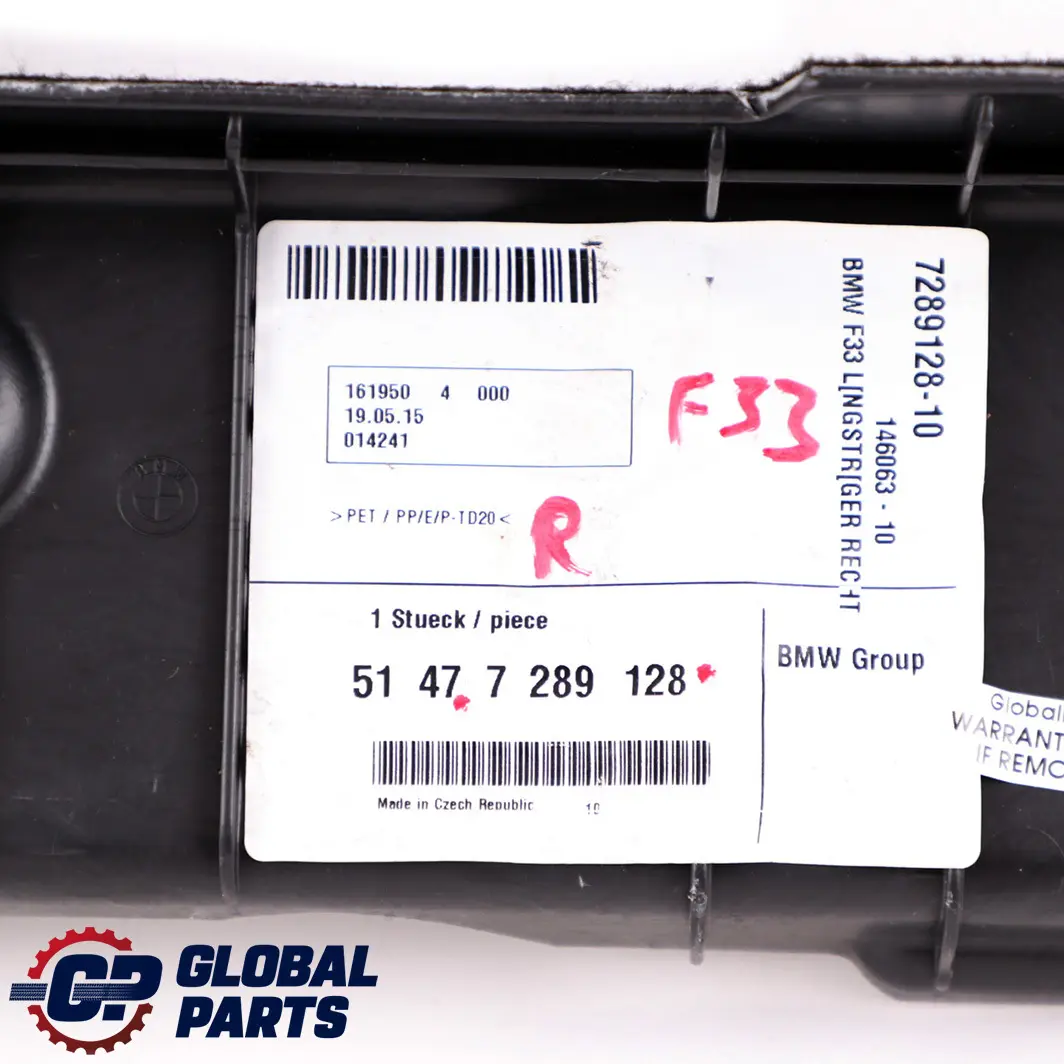 Pannello copertura rivestimento pianale bagagliaio lato destro per BMW F33 F83 M4 con numero di parte 7289128 BMW F33 F83 M4 Pannello copertura rivestimento pianale bagagliaio lato destro - SKU 7289128 - Numero di parte 7289128