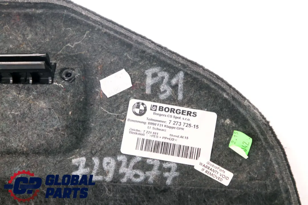 BMW F31 Left N/S Trunk Trim Rear Carpet Flap Boot Panel Black - SKU 7293677 - Part number 7293677