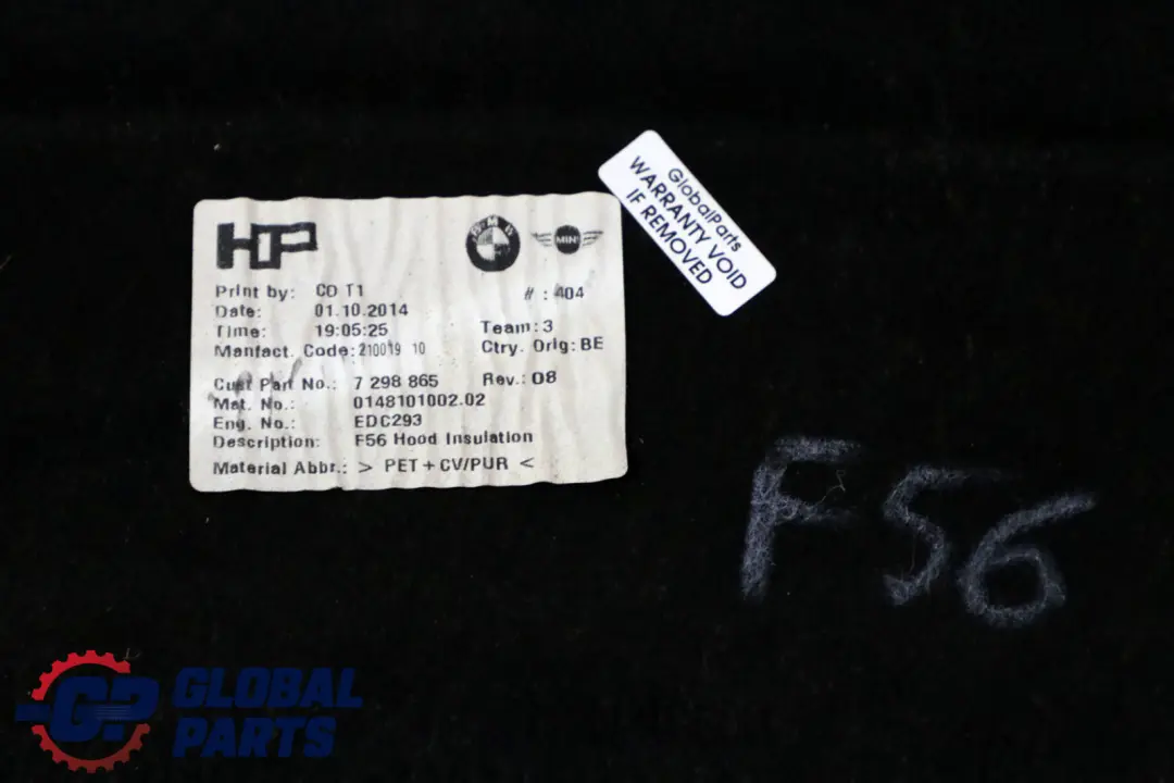 MINI Cooper F55 F56 F57 Engine Hood Bonnet Sound Insulating Cover - SKU 7298865 - Part number 7298865