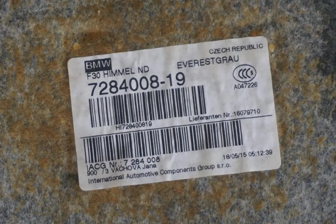 Headlining Moulded Roof Lining Roofliner Everest Grey to BMW 3 Series F30 with Part number 7313595 BMW 3 Series F30 Headlining Moulded Roof Lining Roofliner Everest Grey - SKU 7313595 - Part number 7313595