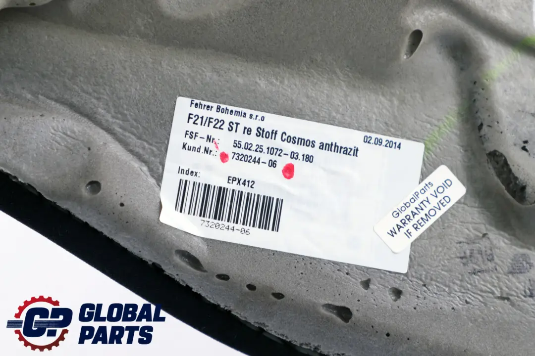 Right O/S Seat Side Finisher Cloth Anthracite to BMW 1 2 Series F21 F22 Rear with Part number 7320244 BMW 1 2 Series F21 F22 Rear Right O/S Seat Side Finisher Cloth Anthracite - SKU 7320244 - Part number 7320244