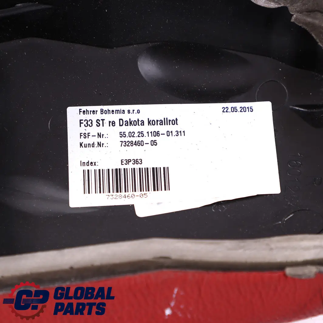 Right O/S Lateral Panel Finisher Leather Red to BMW F33 Convertible Rear Seat with Part number 7328460 BMW F33 Convertible Rear Seat Right O/S Lateral Panel Finisher Leather Red - SKU 7328460 - Part number 7328460