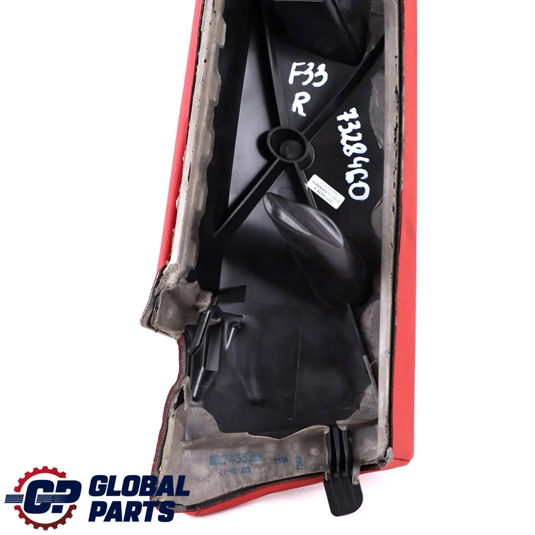 Right O/S Lateral Panel Finisher Leather Red to BMW F33 Convertible Rear Seat with Part number 7328460 BMW F33 Convertible Rear Seat Right O/S Lateral Panel Finisher Leather Red - SKU 7328460 - Part number 7328460