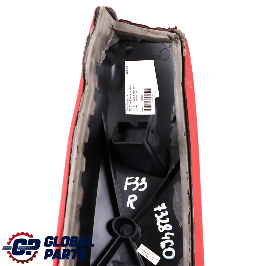 Right O/S Lateral Panel Finisher Leather Red to BMW F33 Convertible Rear Seat with Part number 7328460 BMW F33 Convertible Rear Seat Right O/S Lateral Panel Finisher Leather Red - SKU 7328460 - Part number 7328460