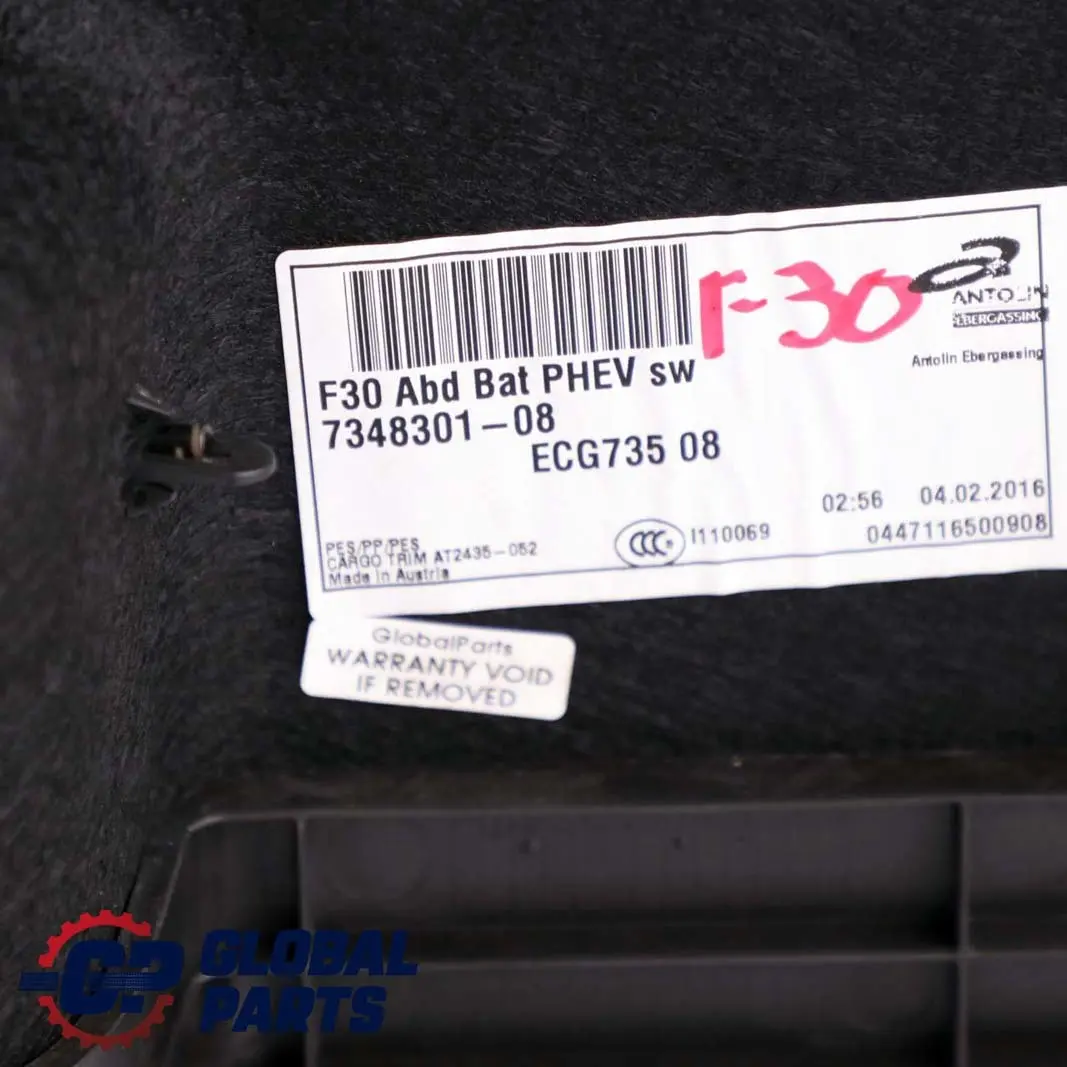 Boot Trunk Cover Panel Trim Battery Accumulator to BMW 3 F30 330e Hybrid with Part number 7348301 BMW 3 F30 330e Hybrid Boot Trunk Cover Panel Trim Battery Accumulator - SKU 7348301 - Part number 7348301