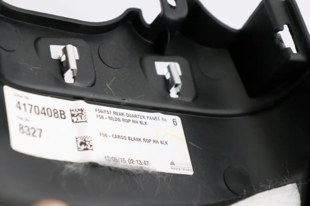 Right O/S Lateral Trim Panel Carbon Black to Mini Cooper F56 Rear with Part number 7393086 Mini Cooper F56 Rear Right O/S Lateral Trim Panel Carbon Black - SKU 7393086 - Part number 7393086