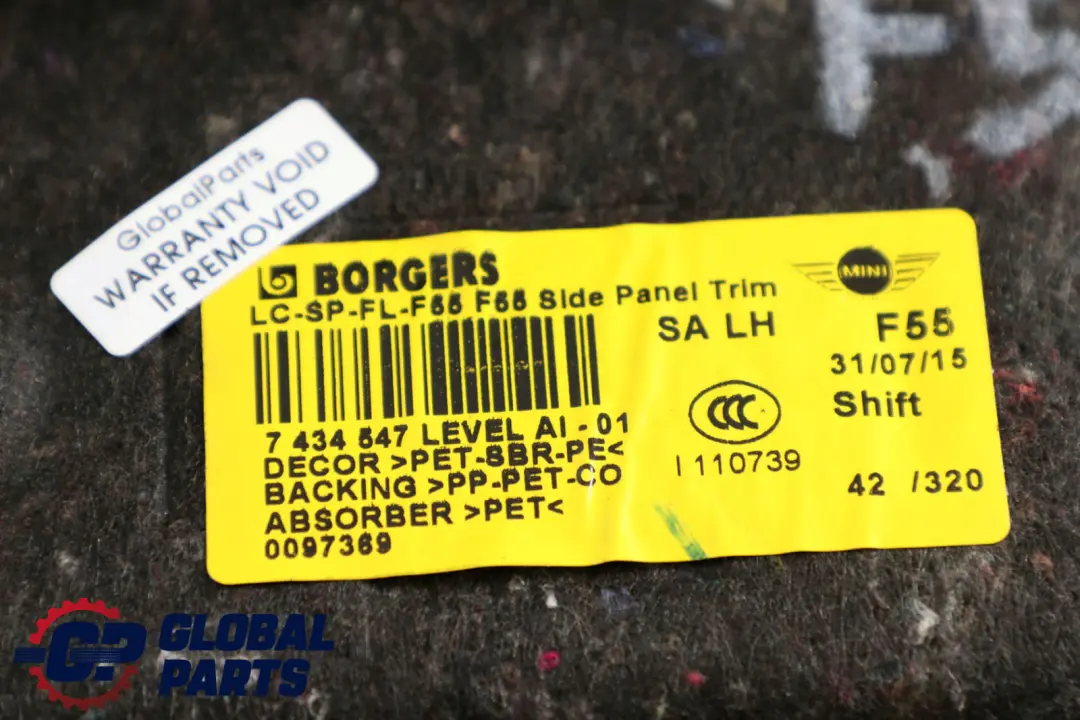 Pannello laterale bagagliaio sinistro per Mini Cooper F55 con numero di parte 7434547 Mini Cooper F55 Pannello laterale bagagliaio sinistro - SKU 7434547 - Numero di parte 7434547