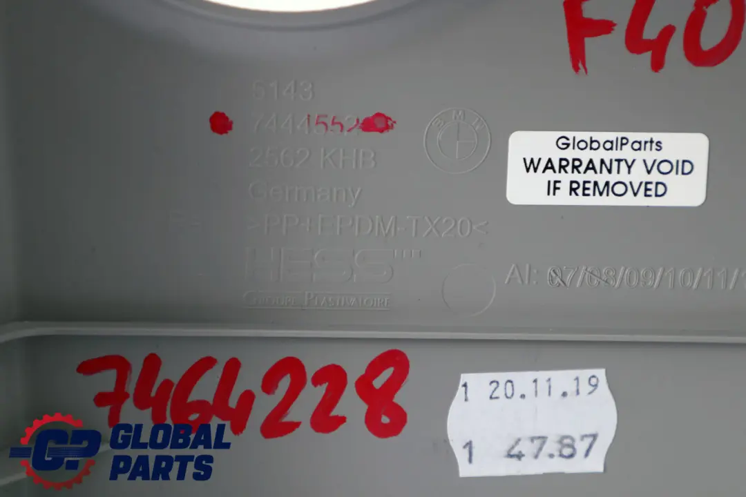 BMW 1 Series F40 Cover B-Column Upper Pillar Right O/S Grey 7444552 - SKU 7464228 - Part number 7464228