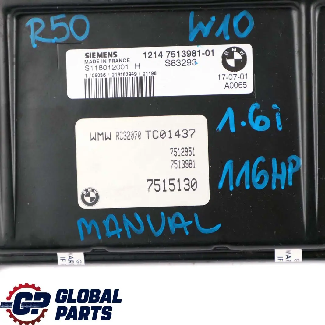 Mini Cooper R50 W10 116HP Engine ECU Kit DME + EWS + Key Manual - SKU 7513981-1 - Part number 7513981