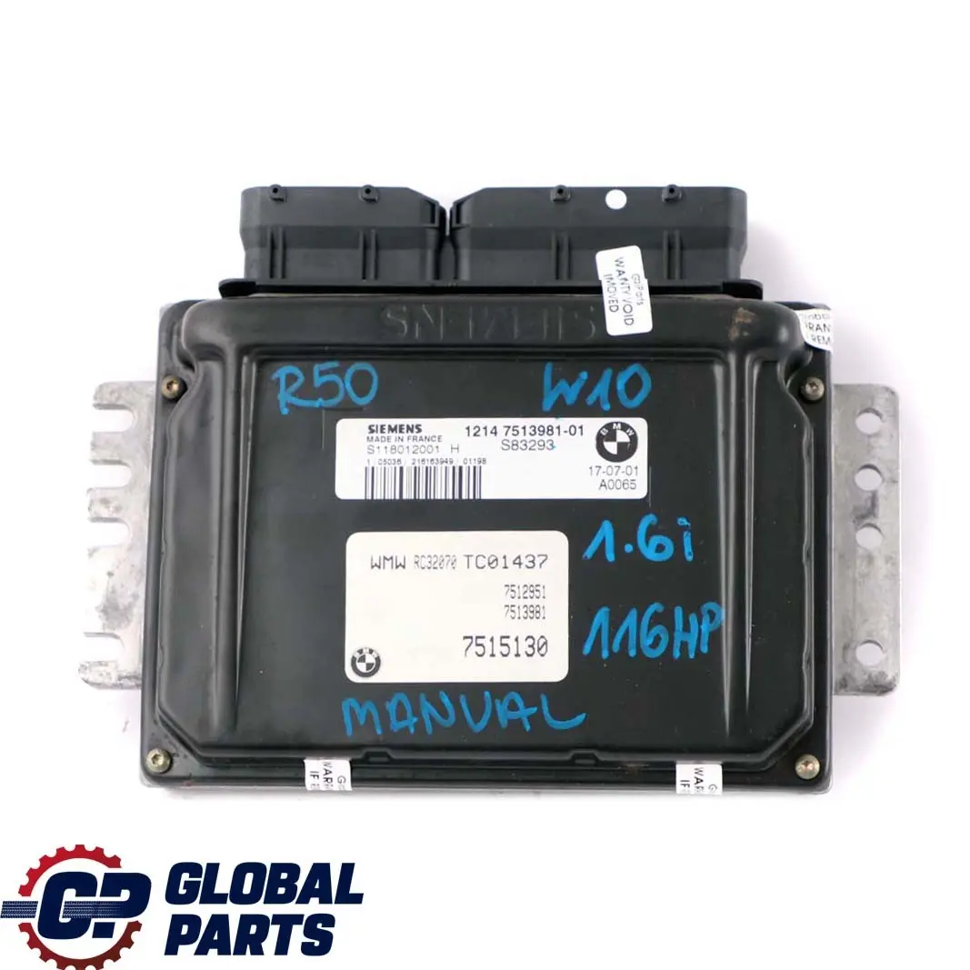 Mini Cooper R50 W10 116HP Engine ECU Kit DME + EWS + Key Manual - SKU 7513981-1 - Part number 7513981