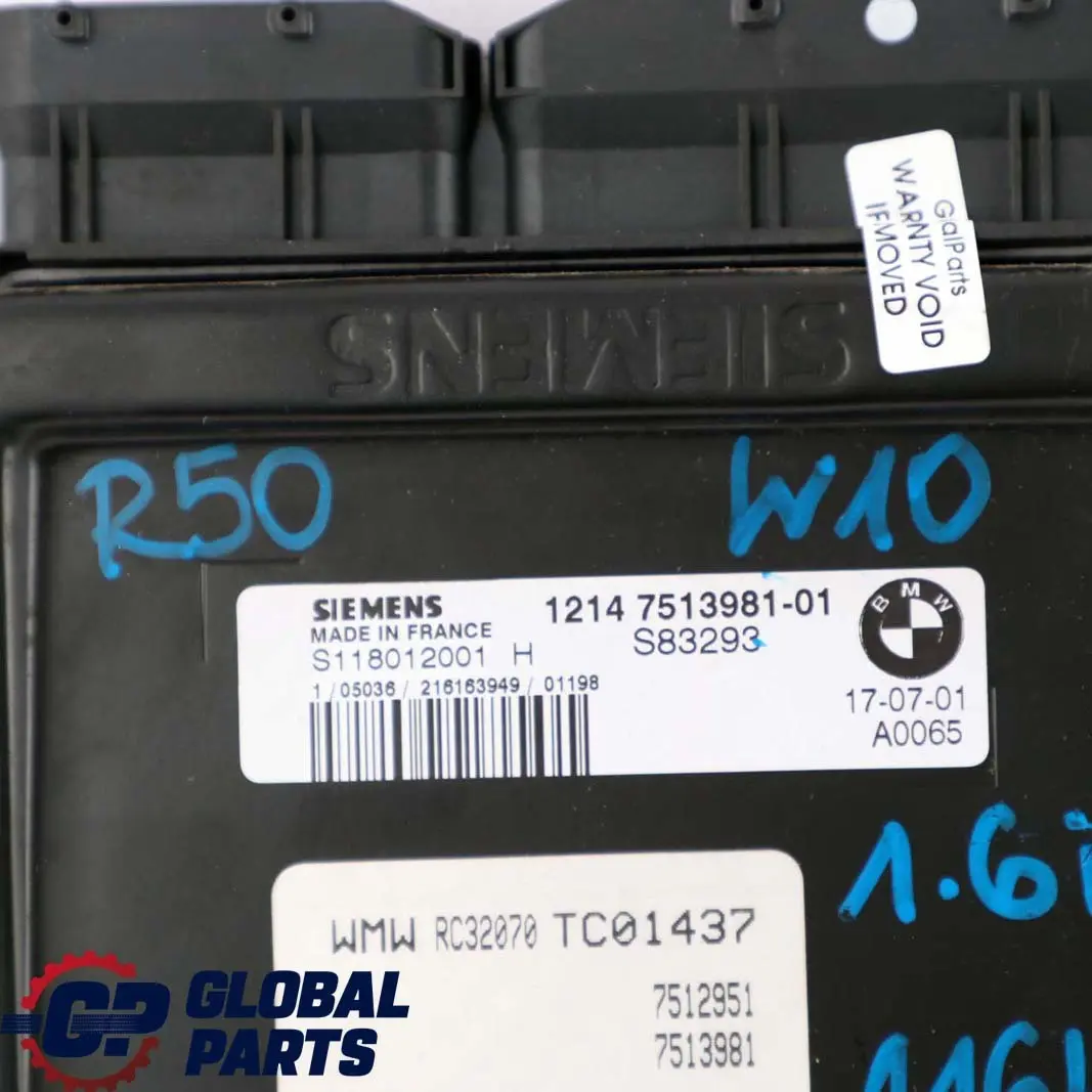 Mini Cooper R50 W10 116HP Engine ECU Kit DME + EWS + Key Manual - SKU 7513981-1 - Part number 7513981