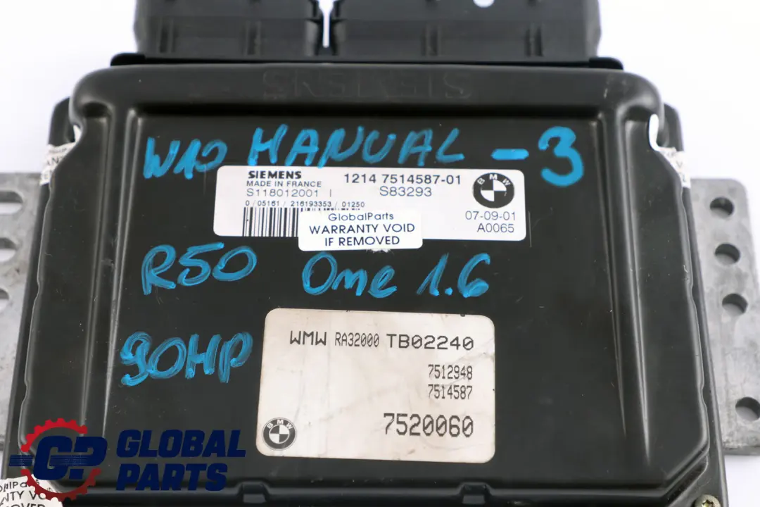 BMW MINI One 1.6i R50 W10 90HP Engine ECU Kit DME + EWS + Key Manual - SKU 7514587-3 - Part number 7514587