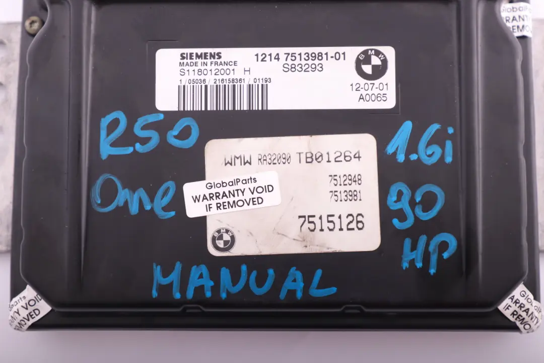 BMW Mini R50 One 1.6i Benzin Steuergerät DME programmiert 7513981 - SKU 7515126 - Teilenummer 7515126