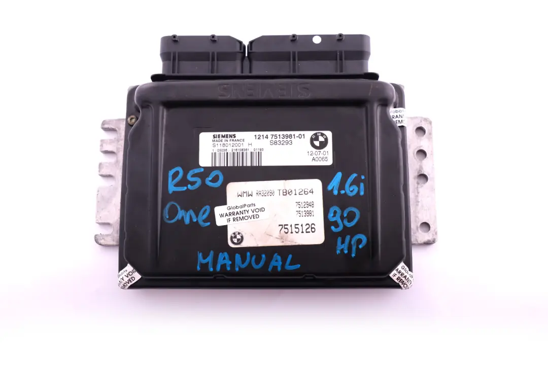 Control Unit DME Manual 7513981 to BMW Mini R50 One 1.6i Petrol Engine with Part number 7515126 BMW Mini R50 One 1.6i Petrol Engine Control Unit DME Manual 7513981 - SKU 7515126 - Part number 7515126