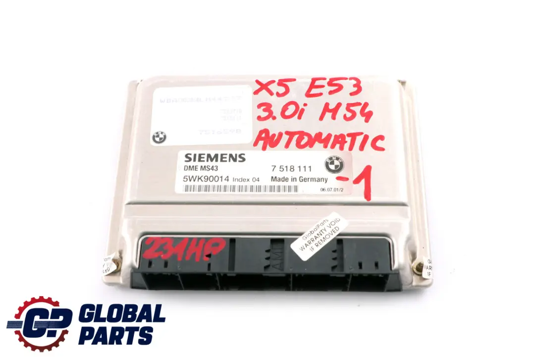 M54 231PS ECU Steuergerät DME + EWS3 + Schlüssel für BMW X5 er E53 3.0i mit Teilenummer 7518111 BMW X5 er E53 3.0i M54 231PS ECU Steuergerät DME + EWS3 + Schlüssel - SKU 7518111-1 - Teilenummer 7518111