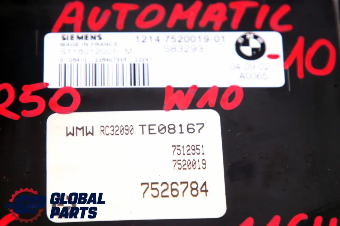 116PS Steuergerät + EWS3 + Schlüssel Automatik für MINI Cooper R50 W10 mit Teilenummer 7520019 MINI Cooper R50 W10 116PS Steuergerät + EWS3 + Schlüssel Automatik - SKU 7520019-10 - Teilenummer 7520019