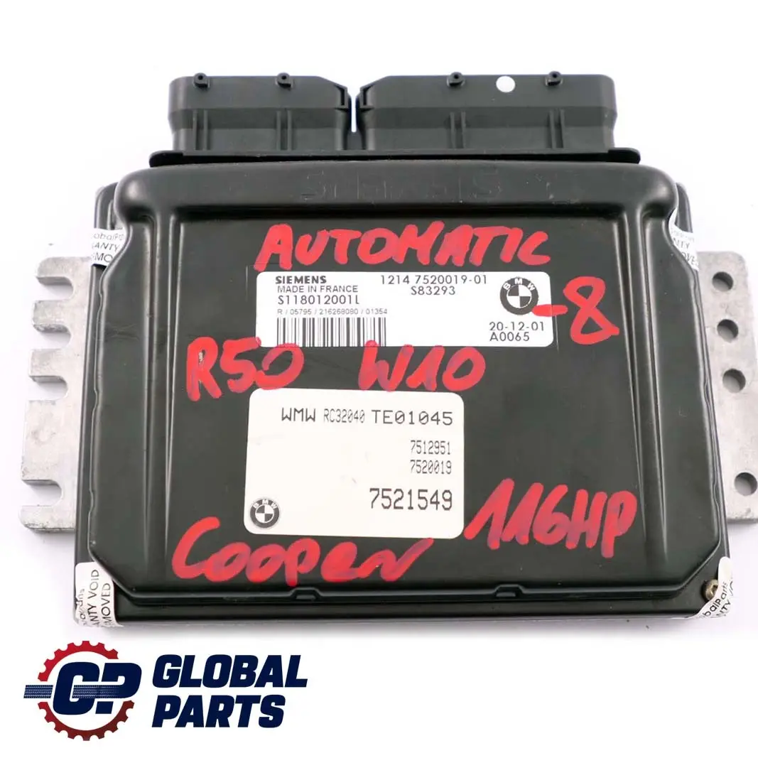 116CV Motor Kit ECU DME + EWS 3 + Llave Automatica para MINI Cooper R50 W10 con número de pieza 7520019 MINI Cooper R50 W10 116CV Motor Kit ECU DME + EWS 3 + Llave Automatica - SKU 7520019-8 - Número de pieza 7520019