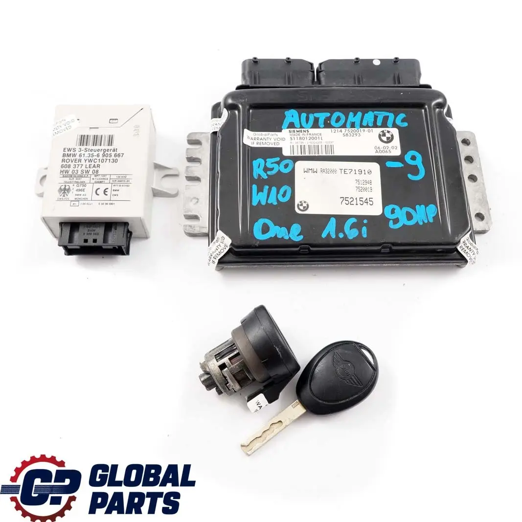 Mini One 1.6i R50 W10 90HP Engine ECU Kit DME + EWS + Key Automatic - SKU 7520019-9 - Part number 7520019