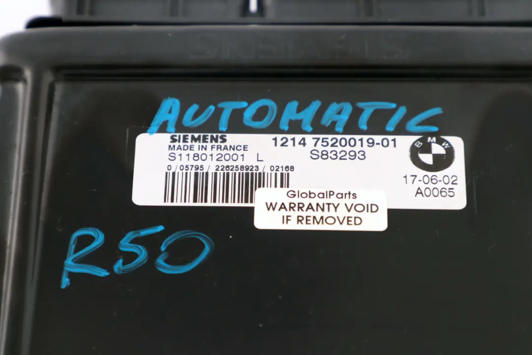 Control Unit DME Automatic to Mini Cooper One R50 Petrol W10 W11 Engine with Part number 7557395 Mini Cooper One R50 Petrol W10 W11 Engine Control Unit DME Automatic - SKU 7520019 - Part number 7557395