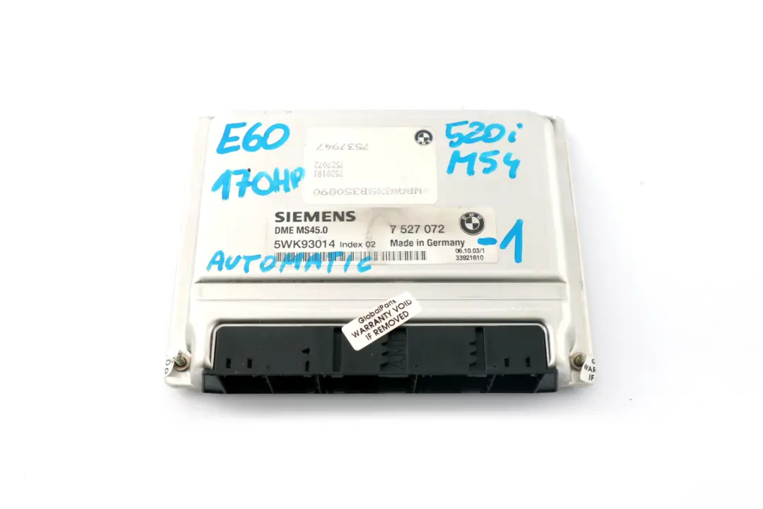 M54 170HP Engine ECU Kit DME + CAS2 + Key Automatic to BMW E60 520i with Part number 7527072 BMW E60 520i M54 170HP Engine ECU Kit DME + CAS2 + Key Automatic - SKU 7527072-1 - Part number 7527072