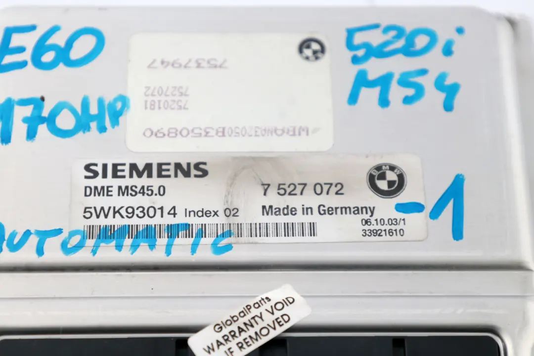 M54 170HP ECU Kit DME + CAS2 + Schlüssel Automatik für BMW 5 er E60 520i mit Teilenummer 7527072 BMW 5 er E60 520i M54 170HP ECU Kit DME + CAS2 + Schlüssel Automatik - SKU 7527072-1 - Teilenummer 7527072