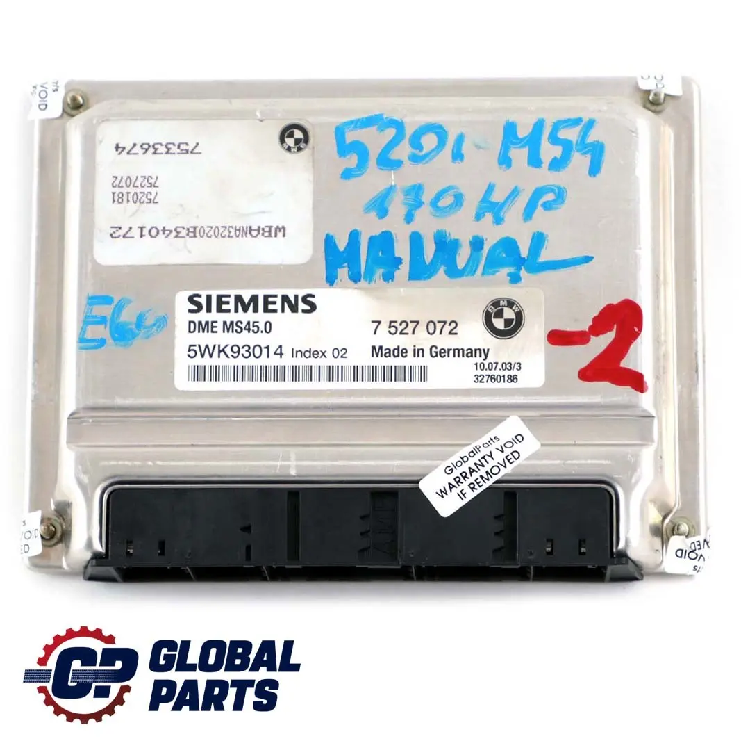 BMW E60 520i M54 170HP Engine Control Unit ECU Kit DME + CAS2 Key Manual - SKU 7527072-2 - Part number 7527072
