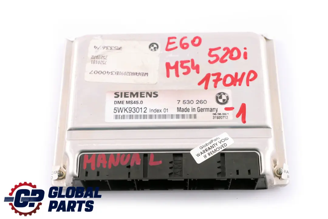BMW 5 Series E60 520i Engine M54 170HP ECU Kit DME + CAS2 + Key Manual - SKU 7530260-1 - Part number 7530260