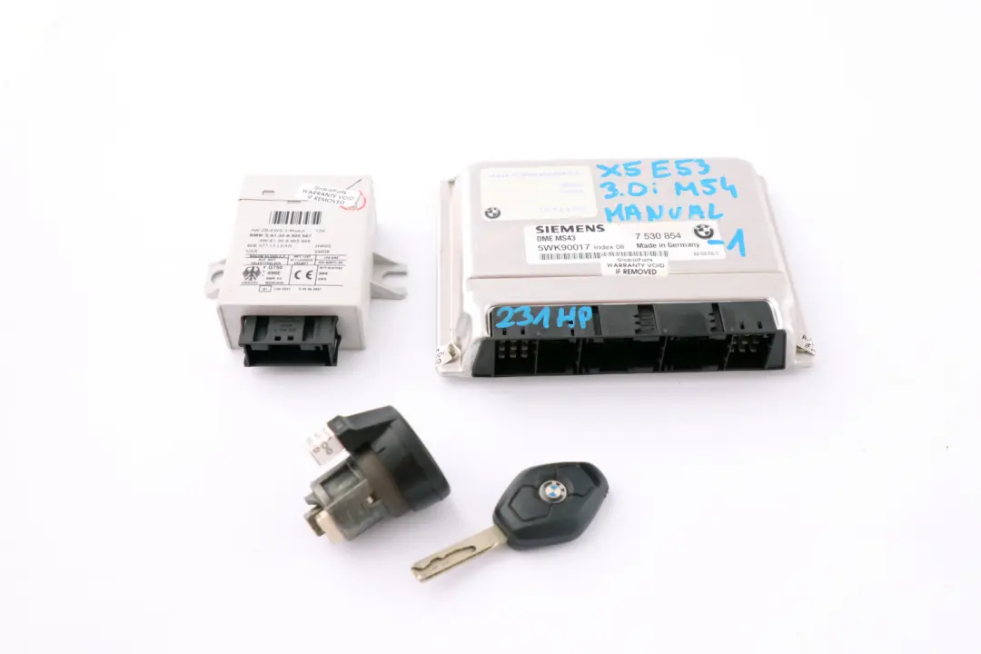 M54 231HP ECU Kit DME + EWS III + Key Manual to BMW X5 Series E53 3.0i with Part number 7530854 BMW X5 Series E53 3.0i M54 231HP ECU Kit DME + EWS III + Key Manual - SKU 7530854-1 - Part number 7530854