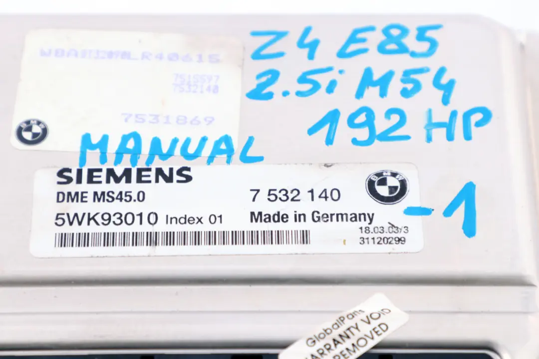 BMW Z4 Series E85 Roadster 2.5i M54 192HP ECU Kit DME EWS3 + Key Manual - SKU 7532140-1 - Part number 7532140