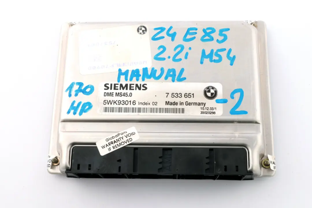 BMW Z4 Series E85 Roadster 2.2i M54 170HP ECU Kit DME 7533651 EWS3 Key Manual - SKU 7533651-2 - Part number 7537804