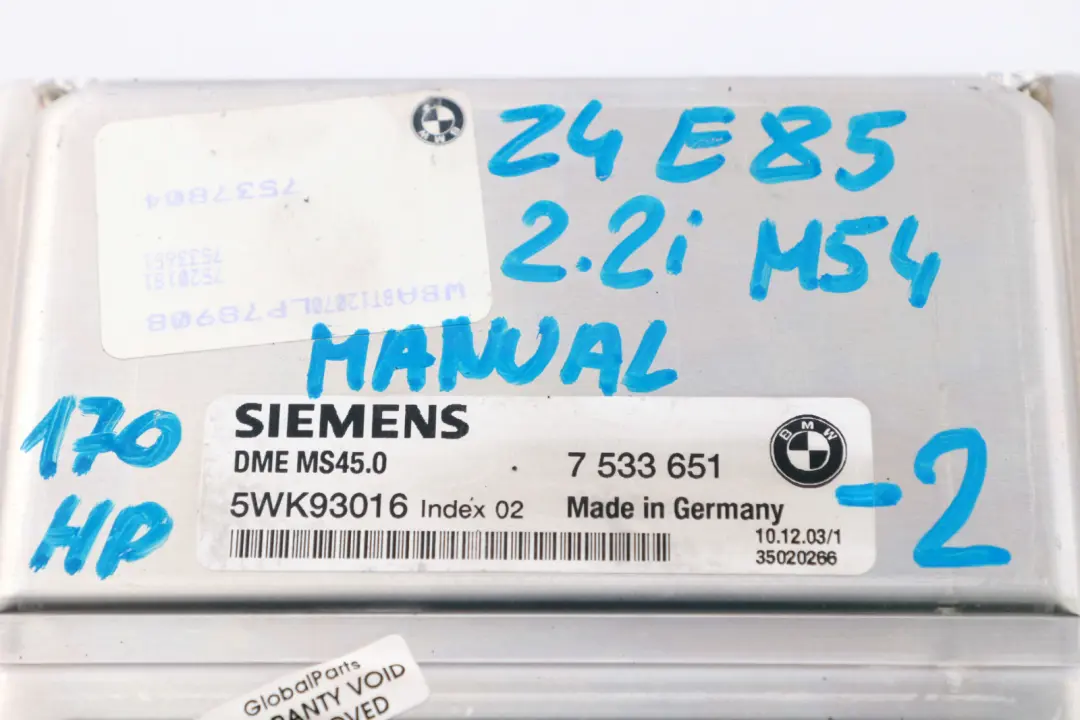 BMW Z4 Series E85 Roadster 2.2i M54 170HP ECU Kit DME 7533651 EWS3 Key Manual - SKU 7533651-2 - Part number 7537804