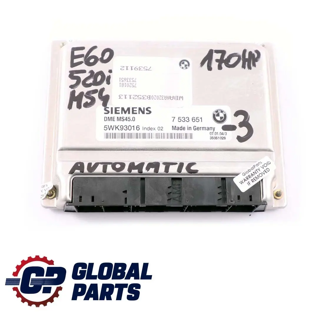 M54 170PS ECU Kit DME Steuergerät + CAS2 Automatik für BMW 5 er E60 520i mit Teilenummer 7533651 BMW 5 er E60 520i M54 170PS ECU Kit DME Steuergerät + CAS2 Automatik - SKU 7533651-3 - Teilenummer 7533651