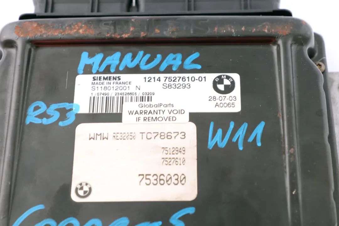 Benziner W11 Motor Steuergerät ECU DME 7527610 für Mini Cooper S R53 mit Teilenummer 7536030 Mini Cooper S R53 Benziner W11 Motor Steuergerät ECU DME 7527610 - SKU 7536030 - Teilenummer 7536030