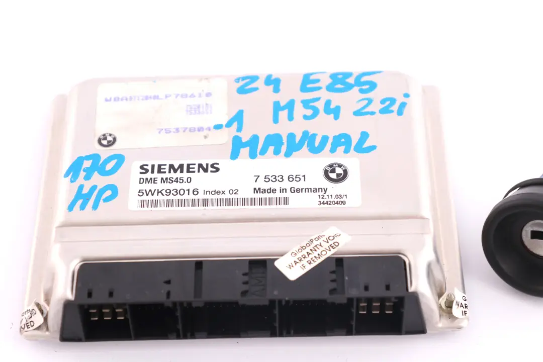 BMW Z4 Series E85 Roadster 2.2i M54 170HP ECU Kit DME + EWS3 + 2 Keys Manual - SKU 7537804-1 - Part number 7537804